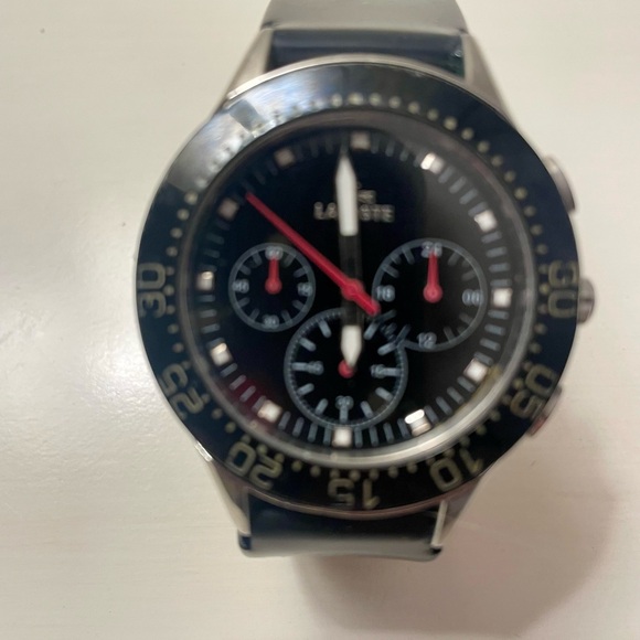 Lacoste Watch Chronograph Black Face/ Black Silicon Band Battery Working Now - Picture 2 of 9